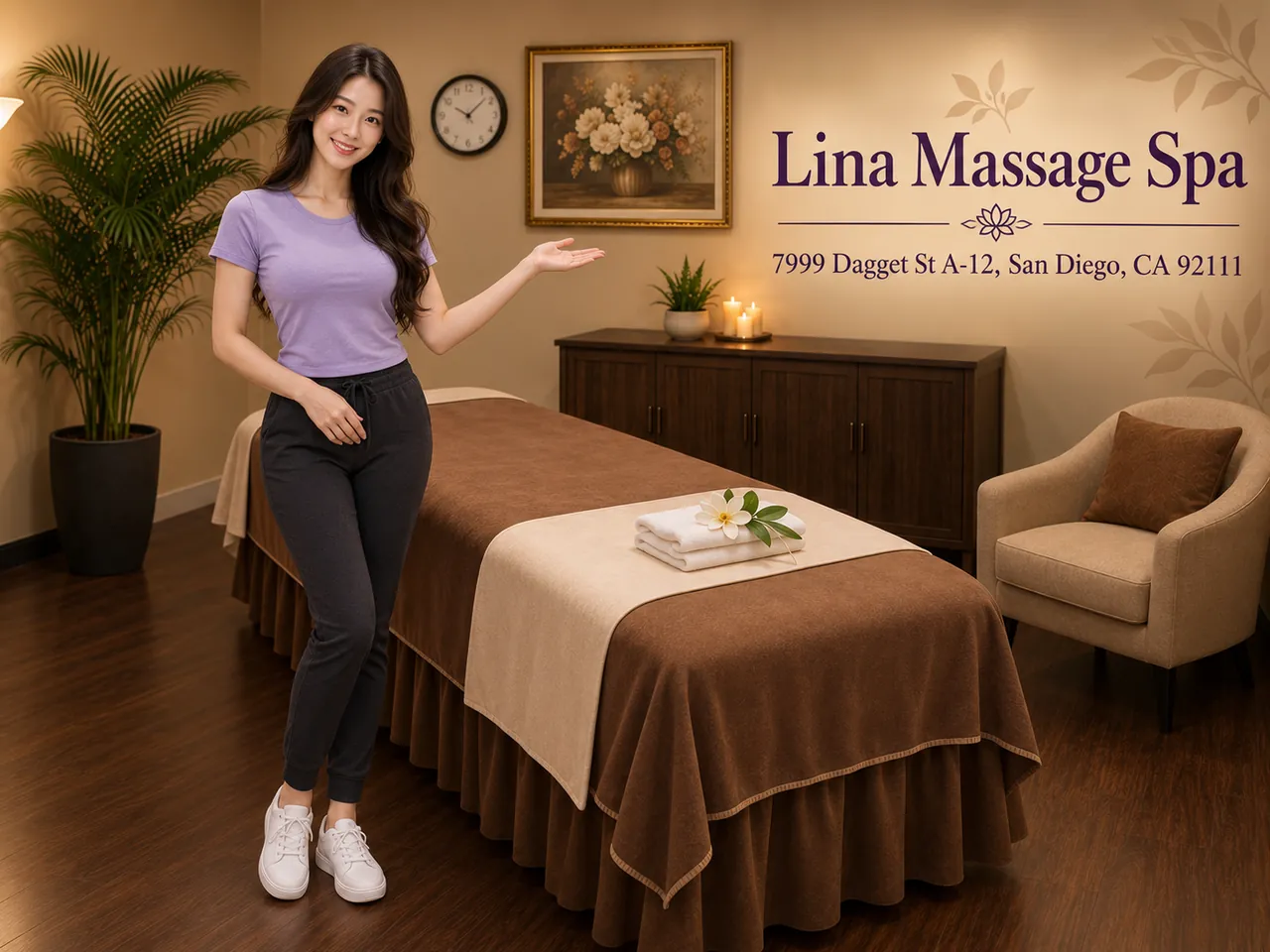 Therapist beside a fresh massage table at Lina Massage Spa in San Diego, CA