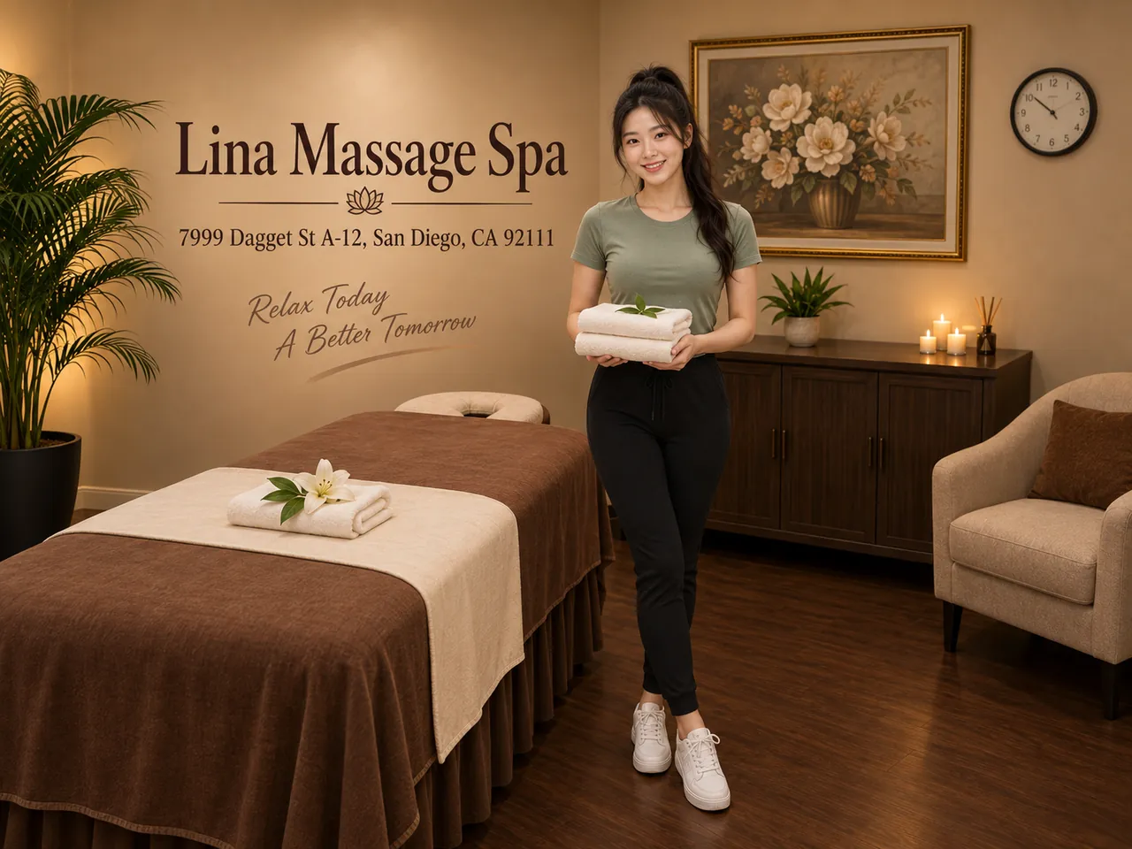 Friendly therapist welcoming a guest at Lina Massage Spa in San Diego, CA