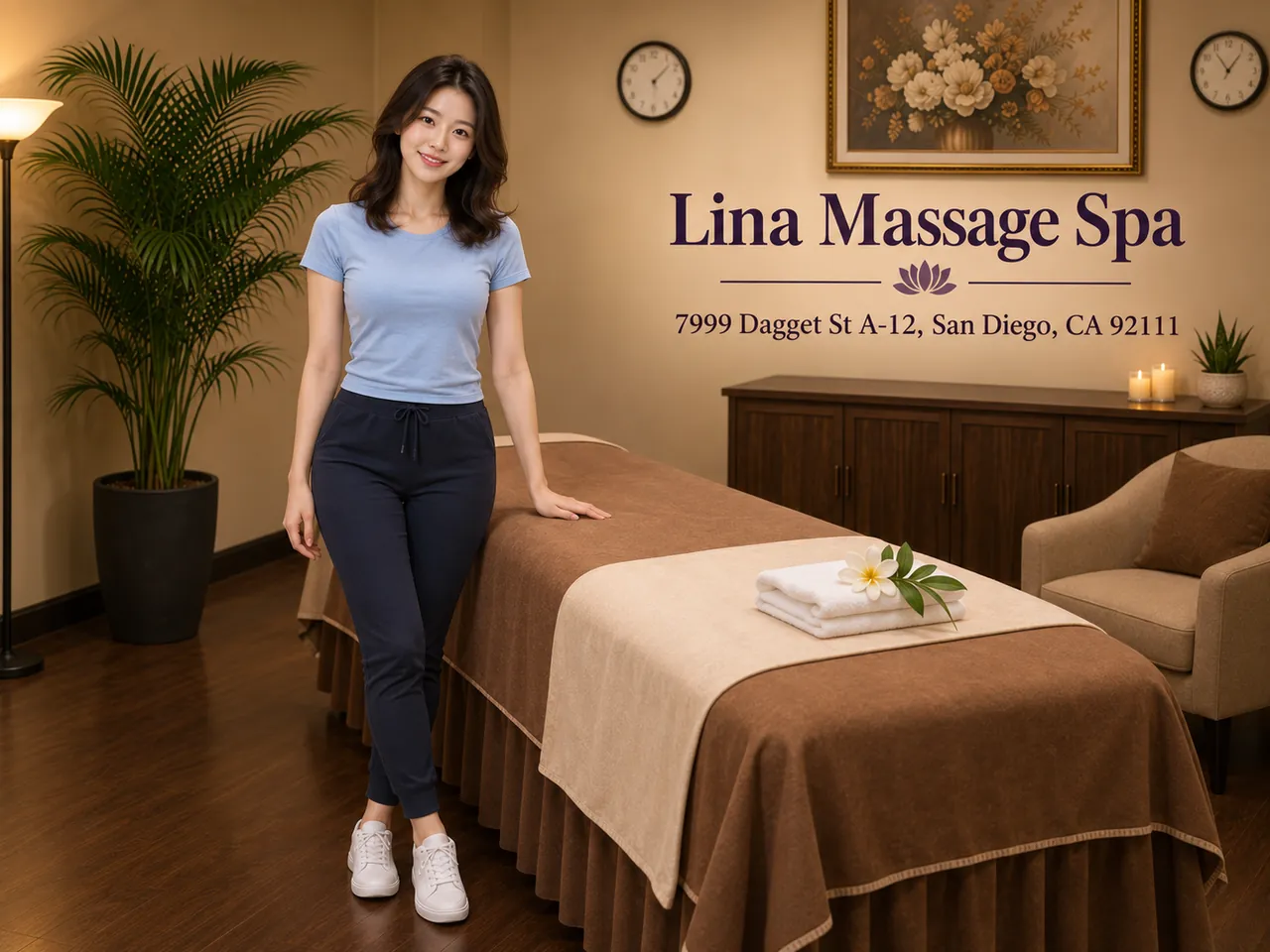 Therapist in a clean massage room at Lina Massage Spa in San Diego, CA