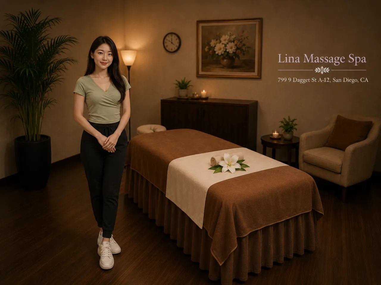 Friendly therapist in a clean private room for Shiatsu Massage at Lina Massage Spa in San Diego, CA