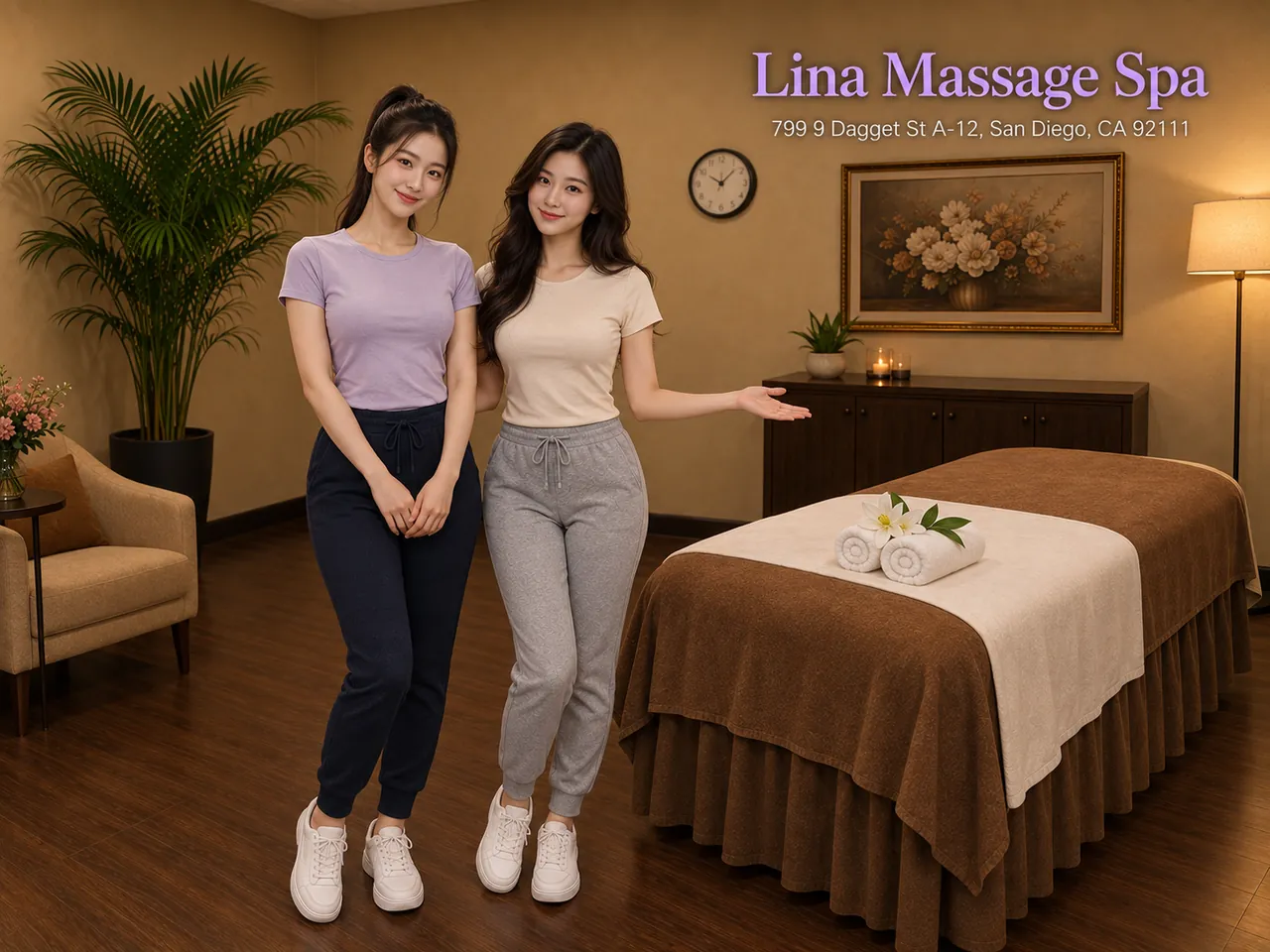 Two friendly therapists beside a made-up massage table at Lina Massage Spa in San Diego, CA