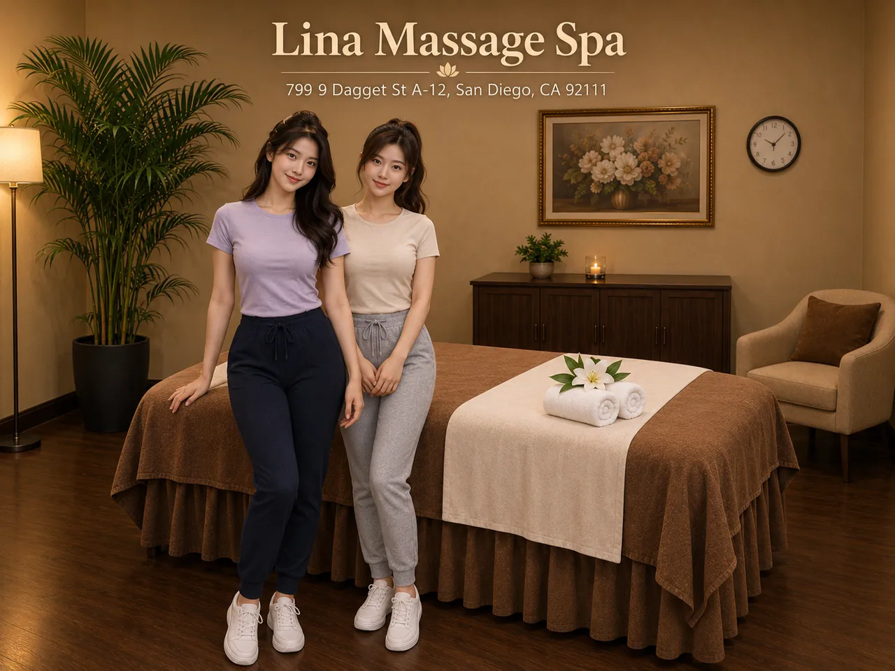 Friendly therapist in a clean private room for Relaxation Massage at Lina Massage Spa in San Diego, CA