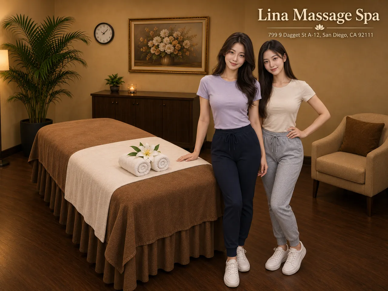 Two therapists ready in a clean private room at Lina Massage Spa in San Diego, CA
