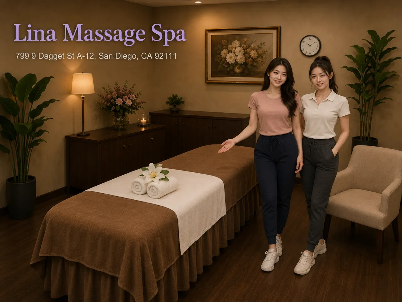 Two friendly therapists beside a fresh table at Lina Massage Spa in San Diego, CA