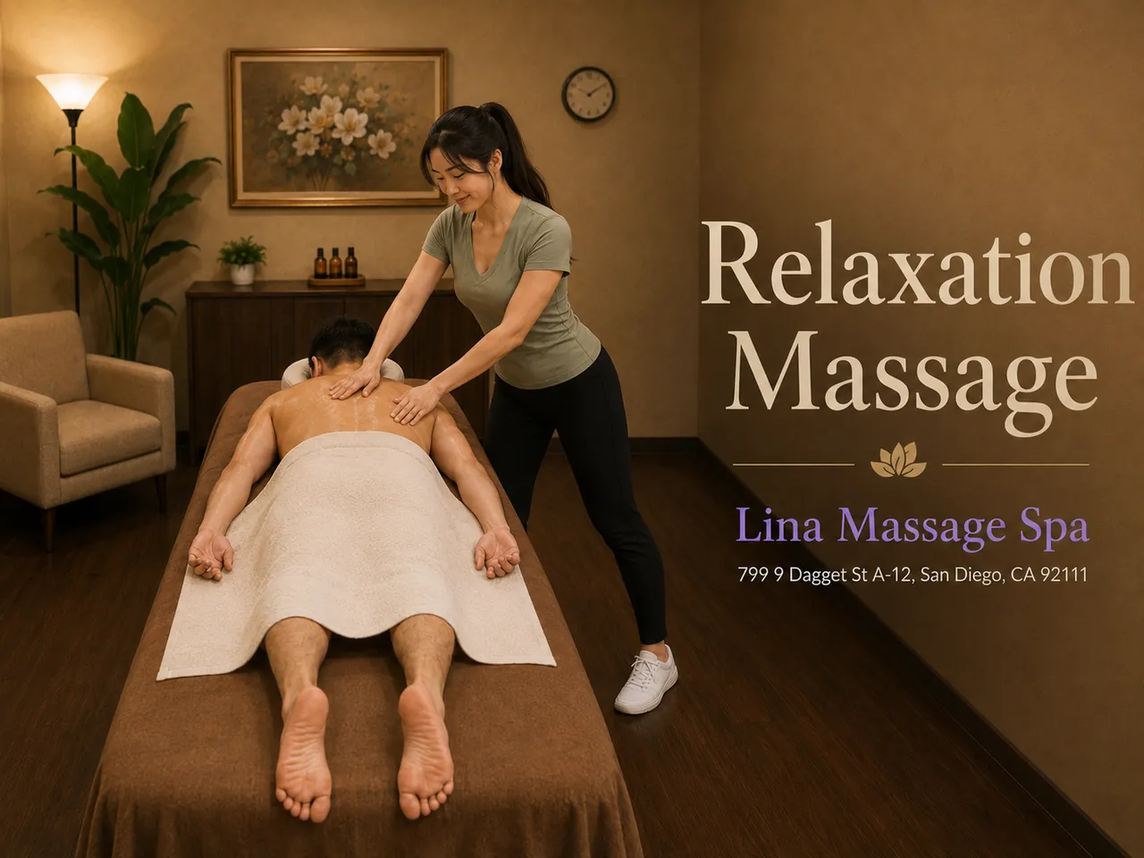 Gentle relaxation massage for a first-time guest at Lina Massage Spa in San Diego, CA