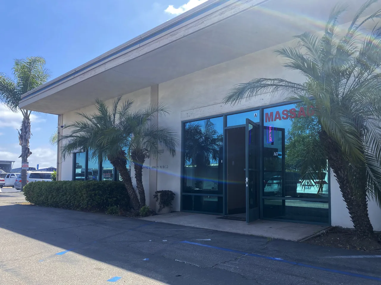 Storefront of Lina Massage Spa on Dagget St in San Diego, CA, with the Lina Massage SPA sign