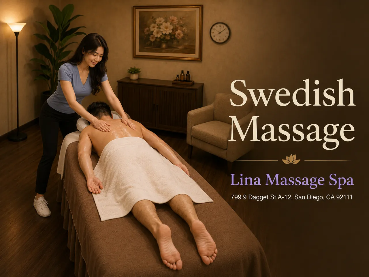 Swedish massage on the back in a quiet private room at Lina Massage Spa in San Diego, CA