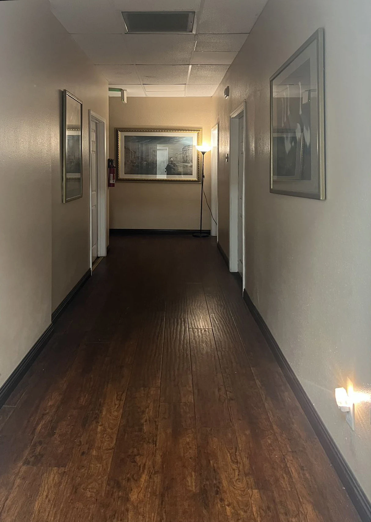 Inside Lina Massage Spa — quiet hallway leading to private massage rooms in Kearny Mesa, San Diego