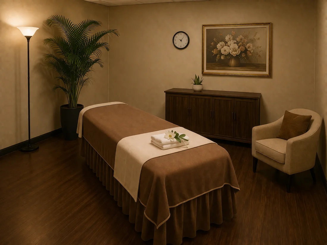 Private massage room with warm lighting
