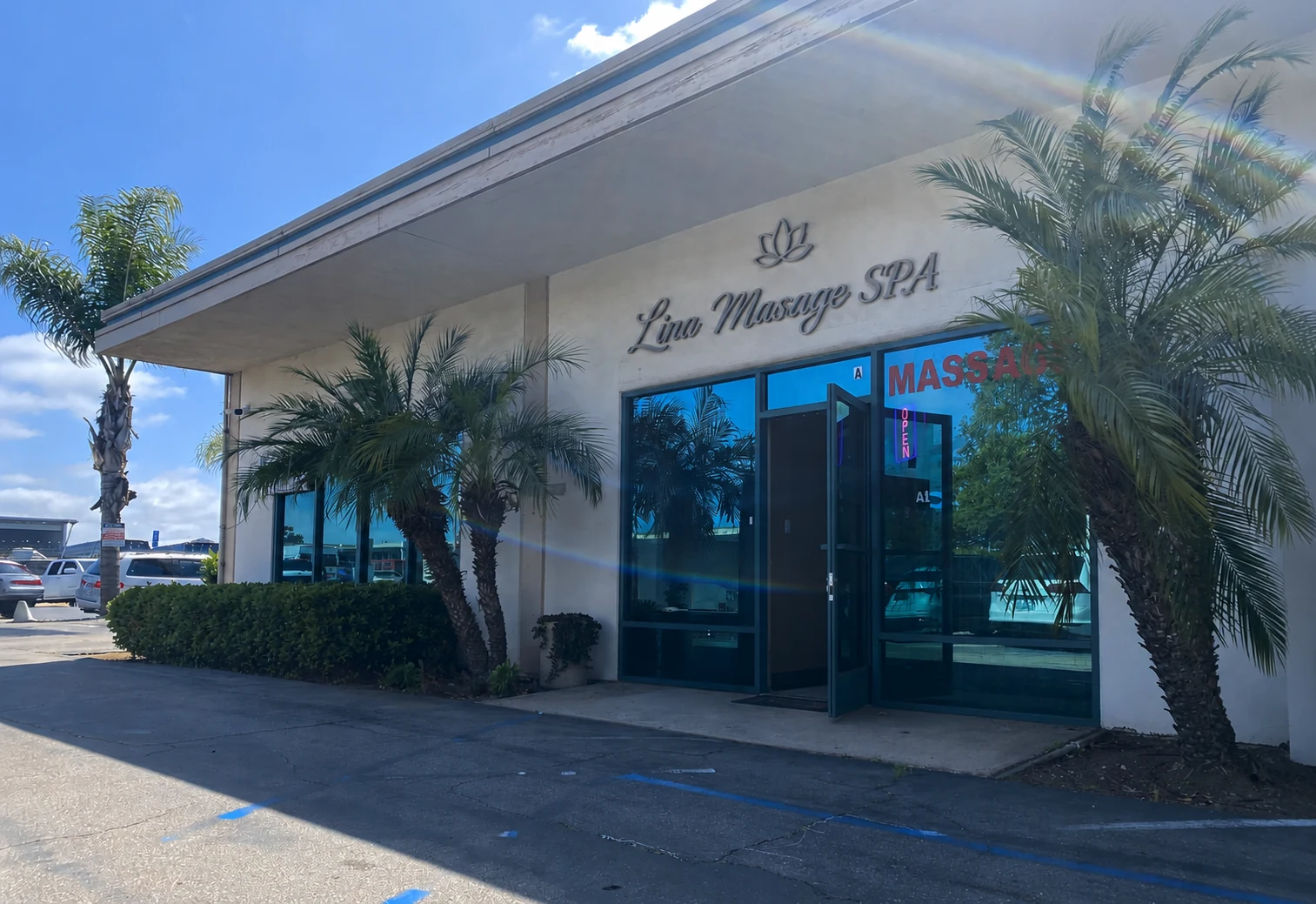 Lina Massage Spa storefront with branded signage on Dagget Street, San Diego